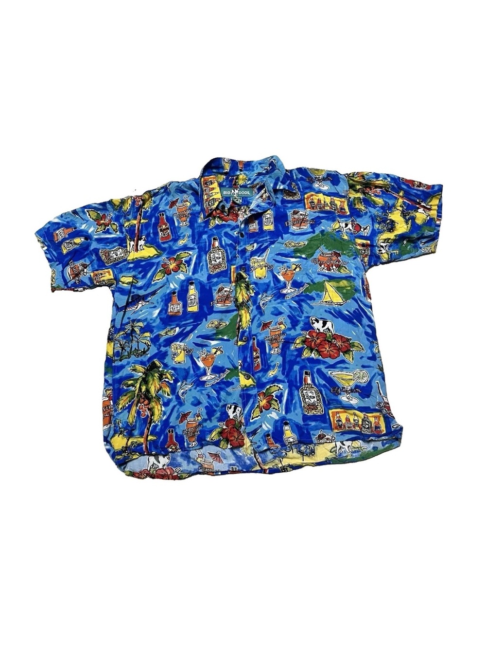 Blue Big Dogs Hawaiian Shirt All-Over Tropical Cocktail Print Size Large Rayon